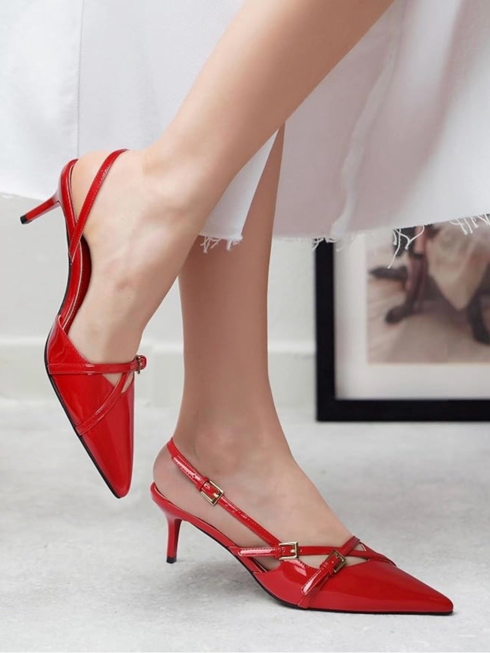 Red Pointed Slingback Kitten Heel Pumps - Women